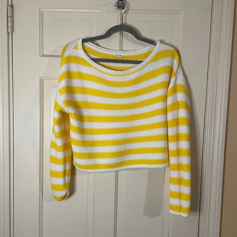 Garage Women's Knit Cropped Sweater Striped Yellow White Long-sleeves Sz S - Picture 6 of 6